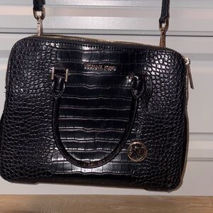 Michael Kors Black Croc-Embossed Satchel with Gold Hardware